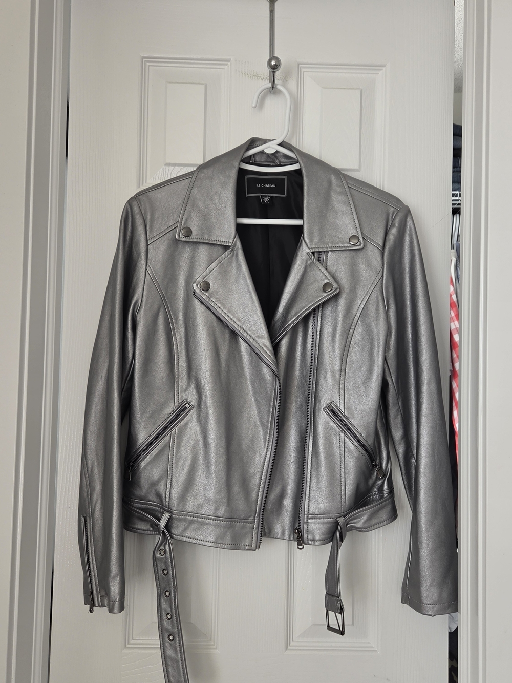 le chateau Metallic Silver Biker Leather Jacket Size S